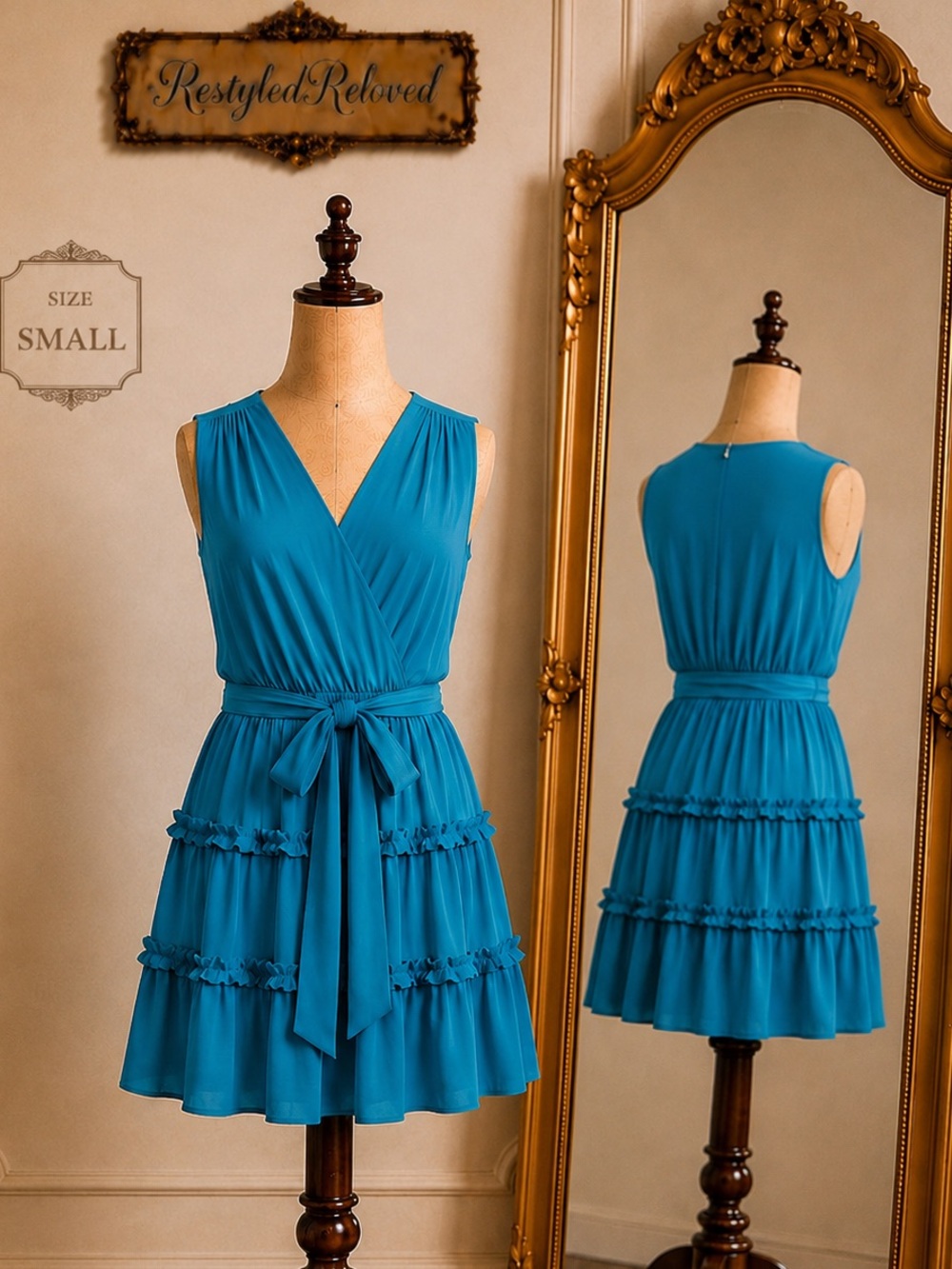 Naked Zebra Blue Jewel/Teal Sleeveless Mini Dress with Sash Tie Belt
